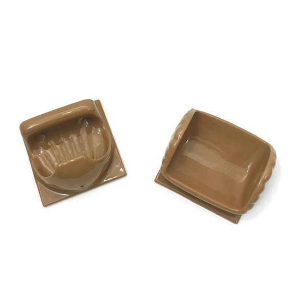 Vintage 70s 80s Bathroom Soap and toilet roll Holders Ceramic Brown Tan Retro Re - Picture 1 of 6